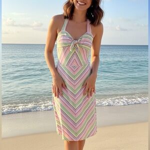 Trina Turk Los Angeles Sz 8 Cotton Babydoll Rainbow Striped Lined Midi Dress Y2K